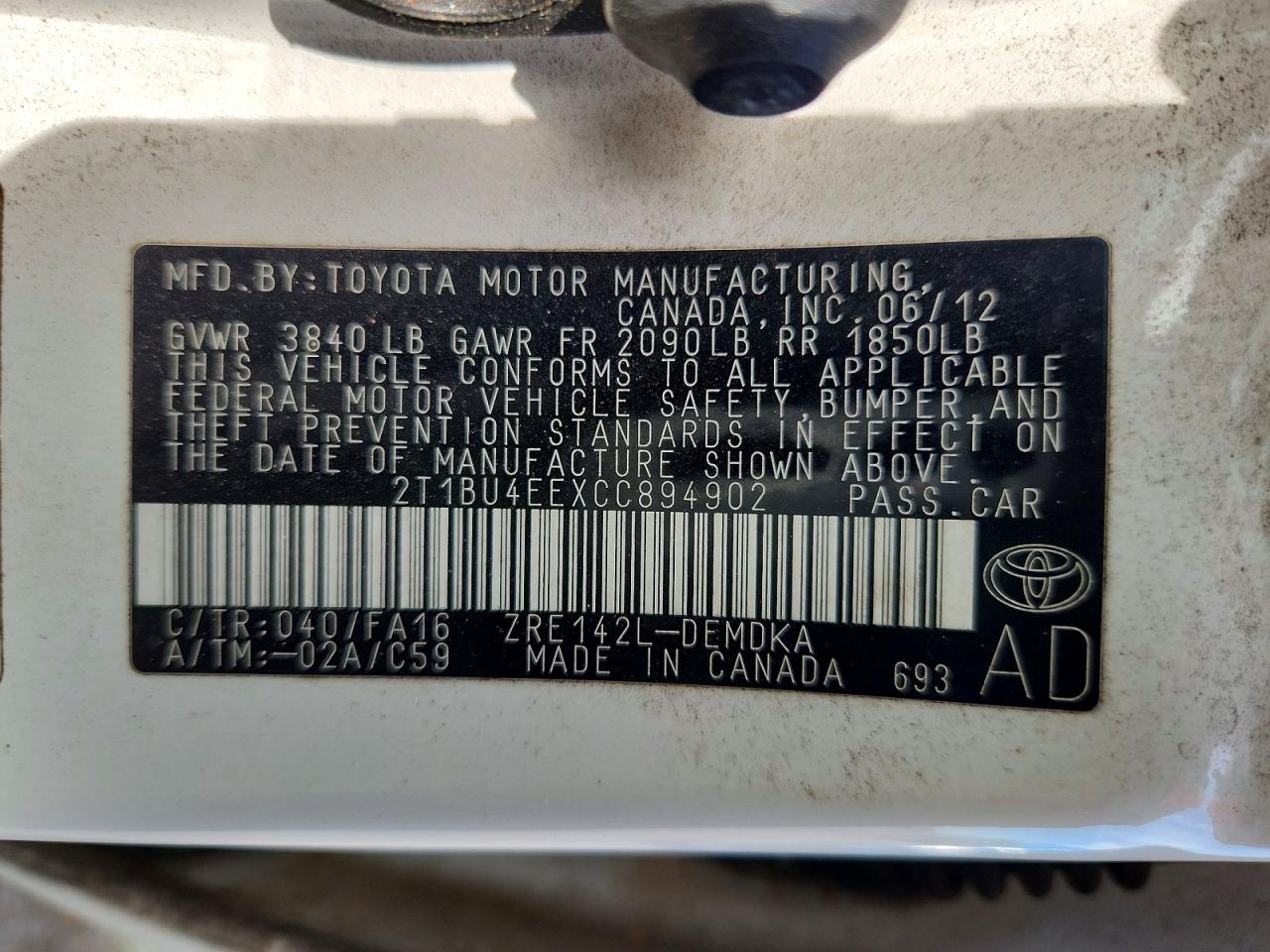 2012 TOYOTA COROLLA L photo 12