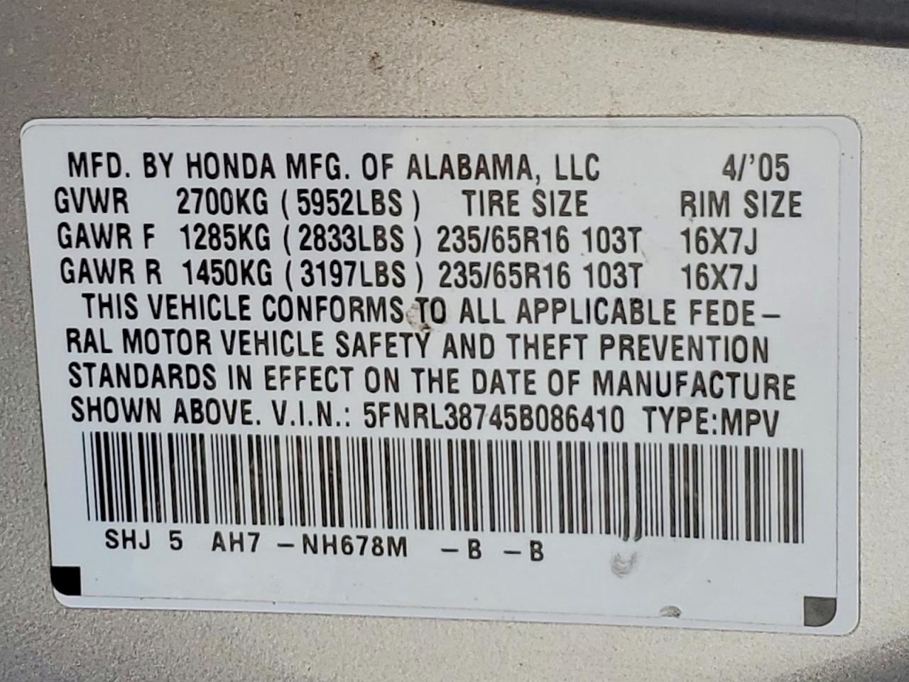 2005 HONDA ODYSSEY EXL photo 25