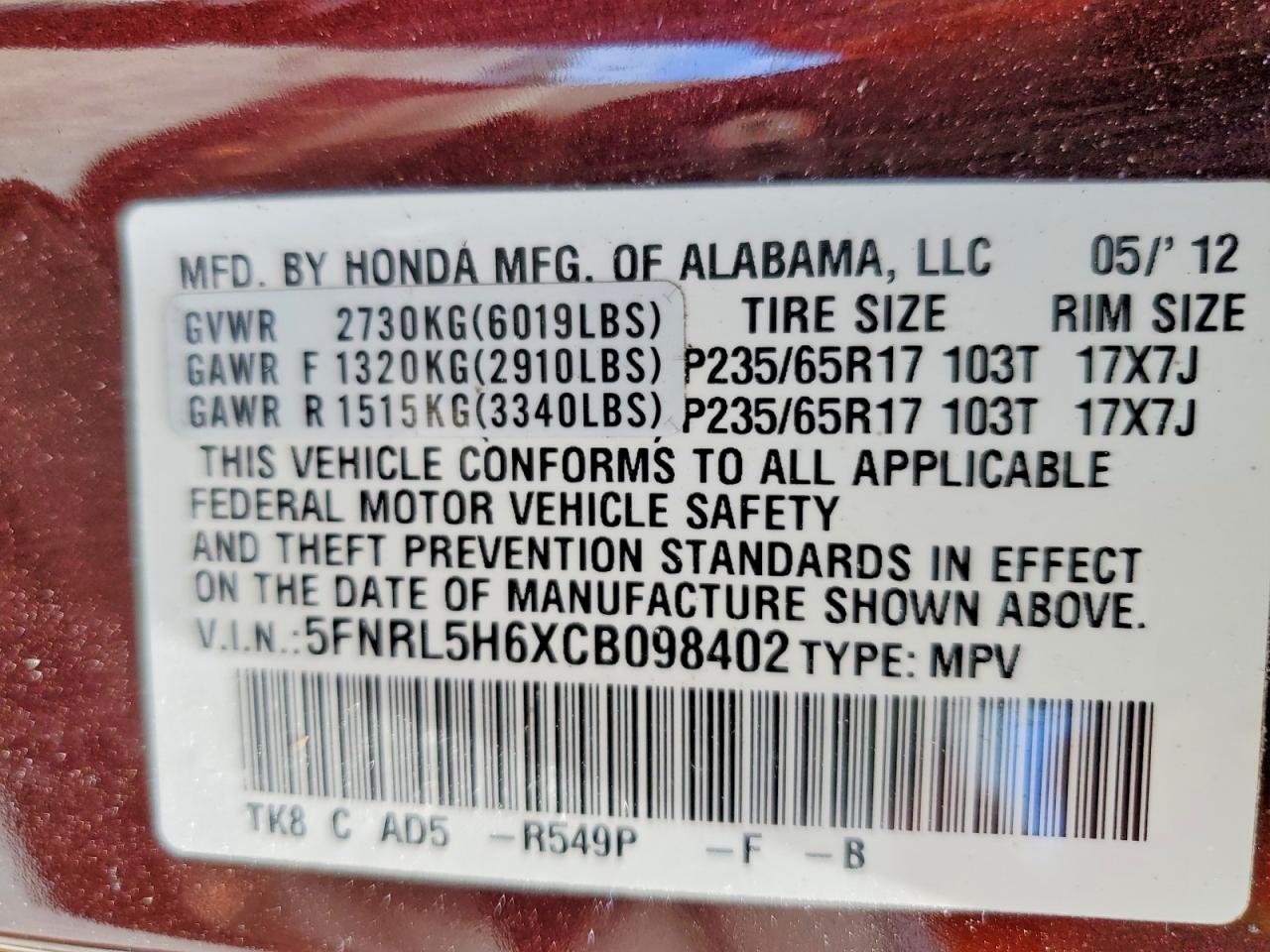 2012 HONDA ODYSSEY EXL photo 25