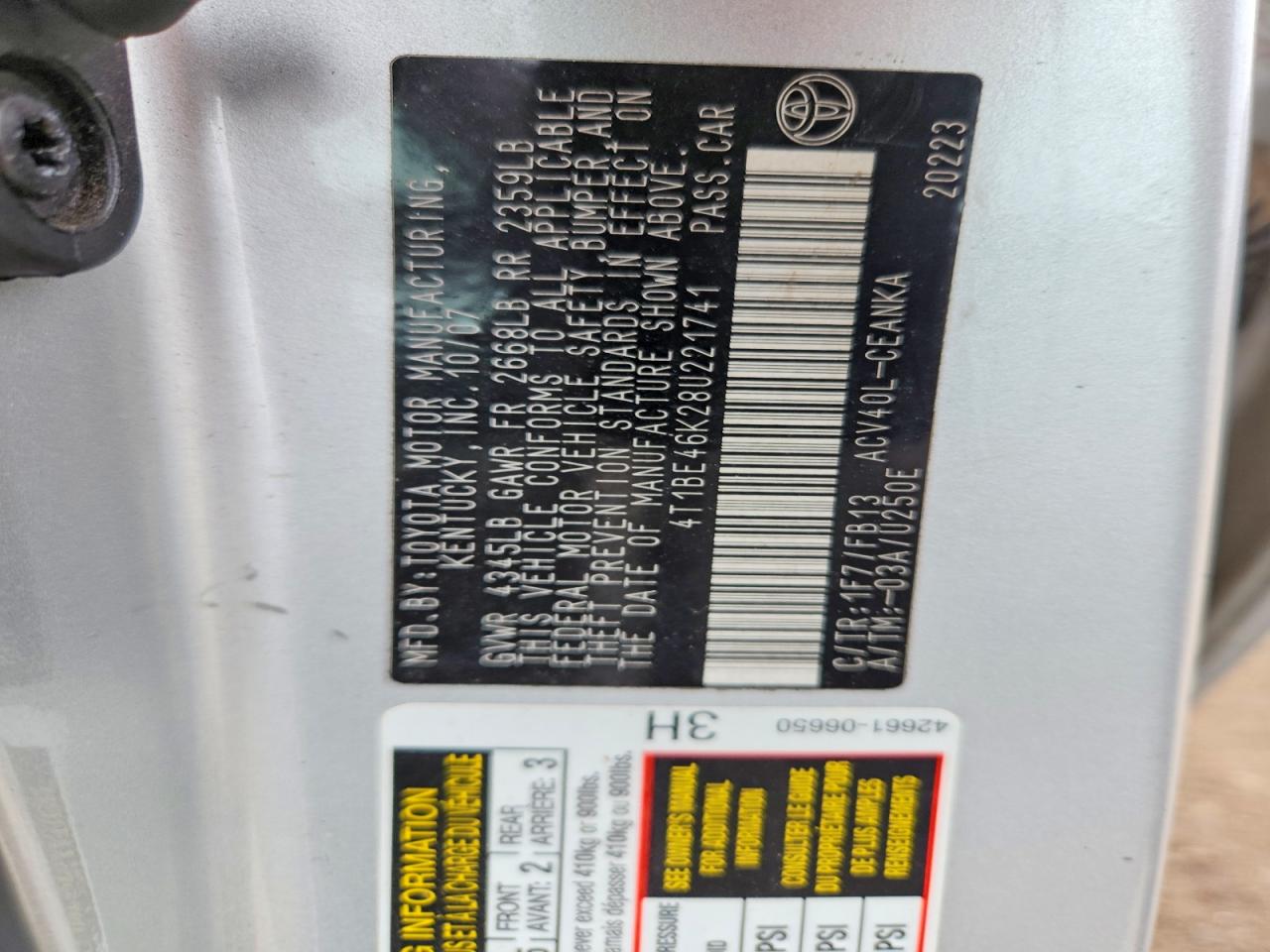 2008 TOYOTA CAMRY LE photo 23