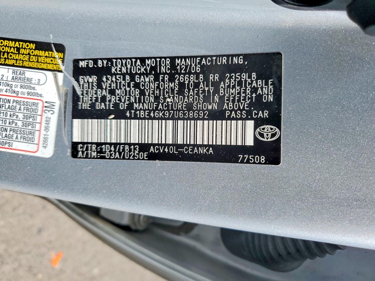 2007 TOYOTA CAMRY LE photo 34
