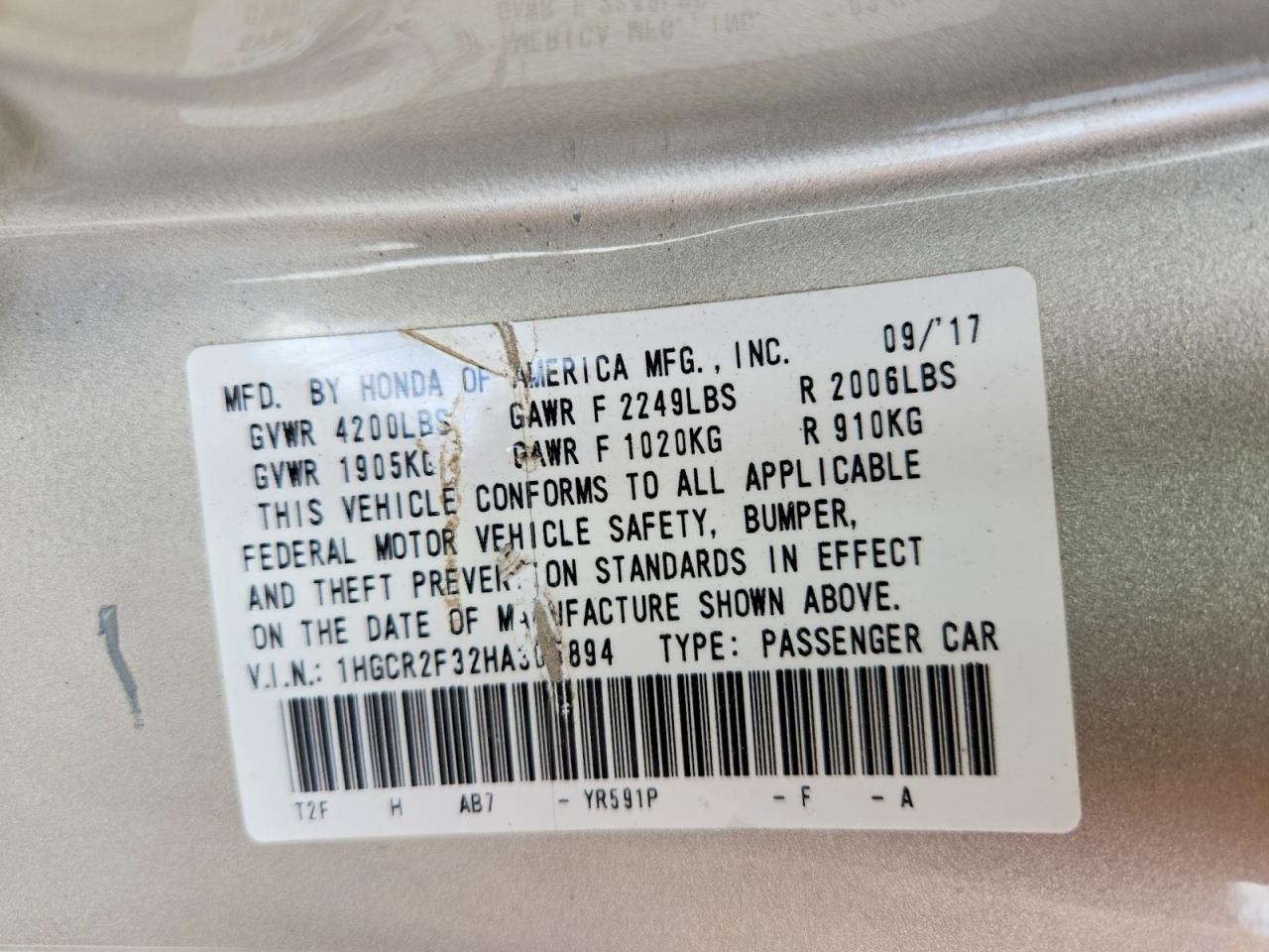 2017 HONDA ACCORD LX photo 25