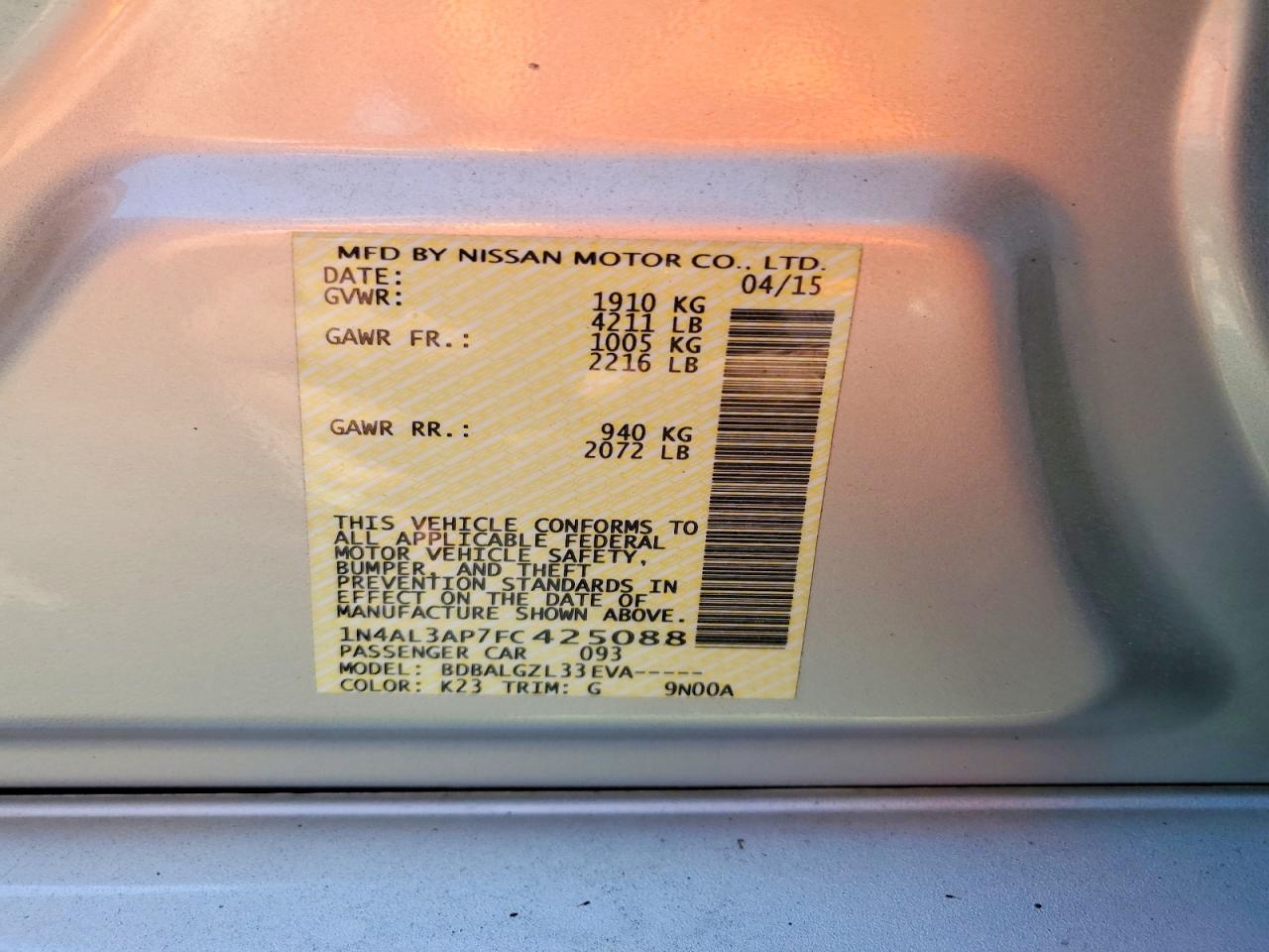2015 NISSAN ALTIMA 2.5 S photo 12