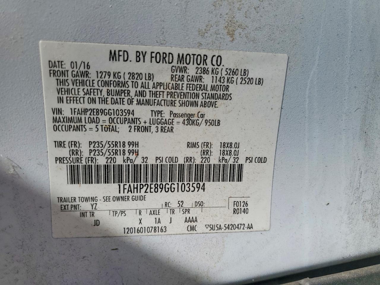 2016 FORD TAURUS SEL photo 13