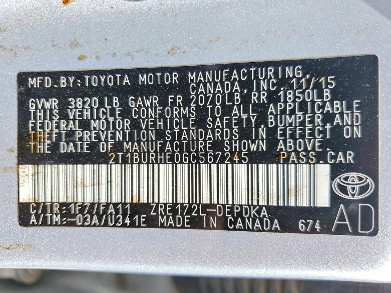 2016 TOYOTA COROLLA L photo 12