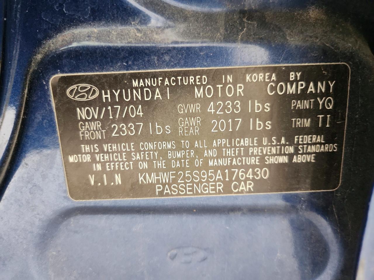 2005 HYUNDAI SONATA GL photo 13