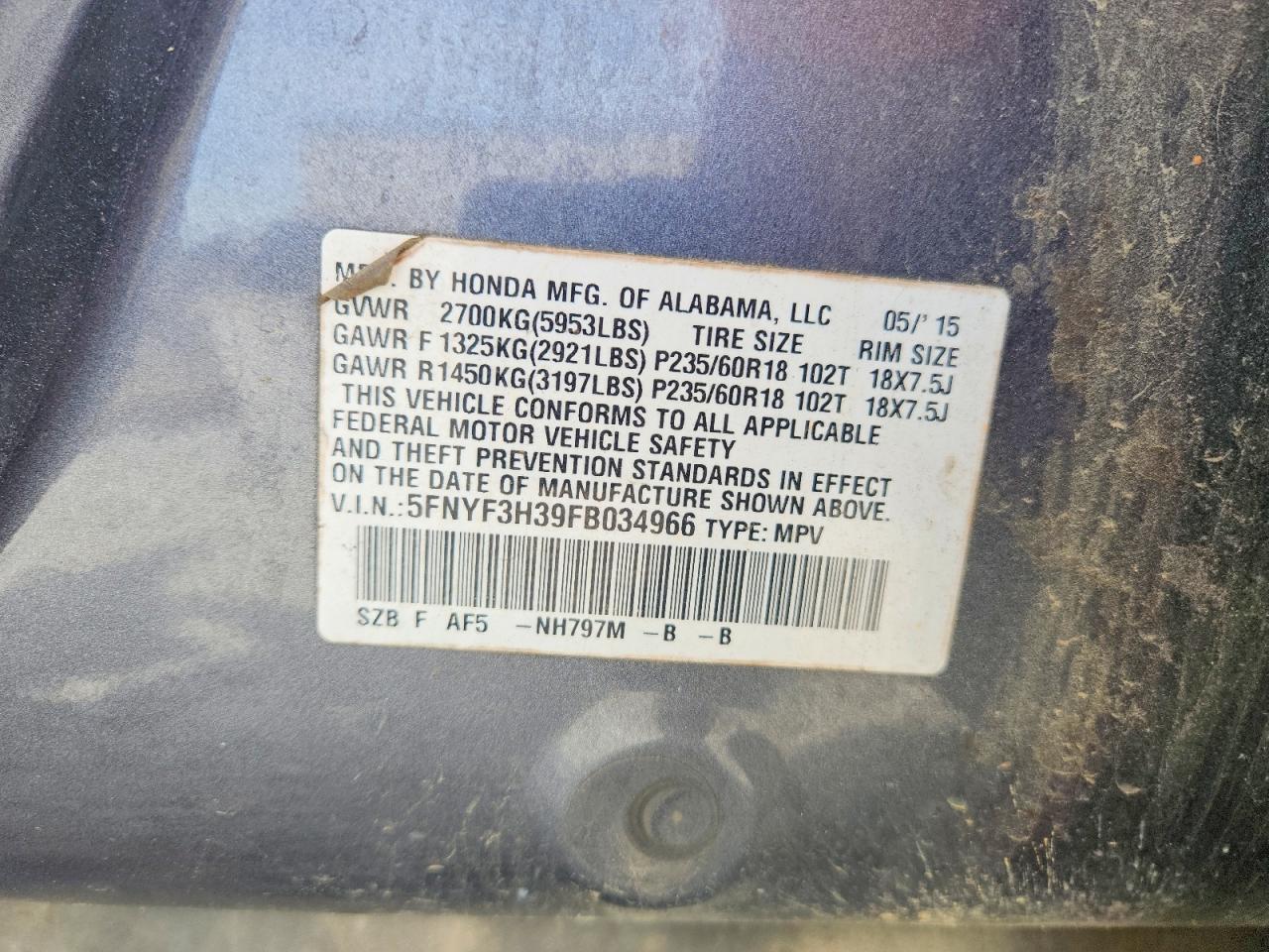 2015 HONDA PILOT SE photo 37