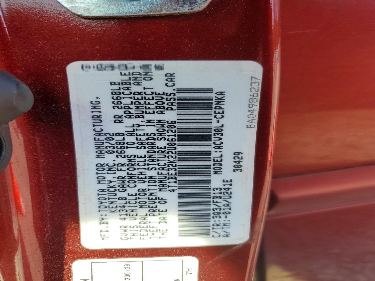 2002 TOYOTA CAMRY LE photo 23