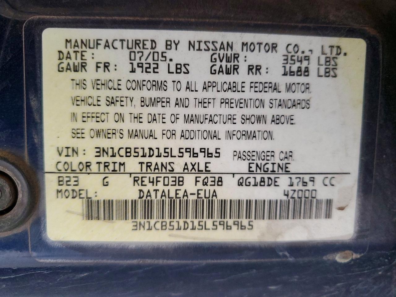 2005 NISSAN SENTRA 1.8 photo 12