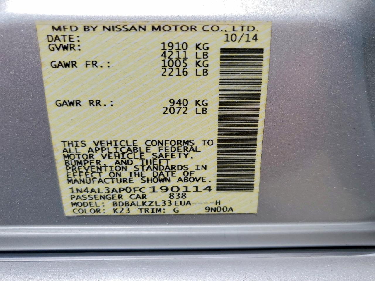 2015 NISSAN ALTIMA 2.5 SV photo 23