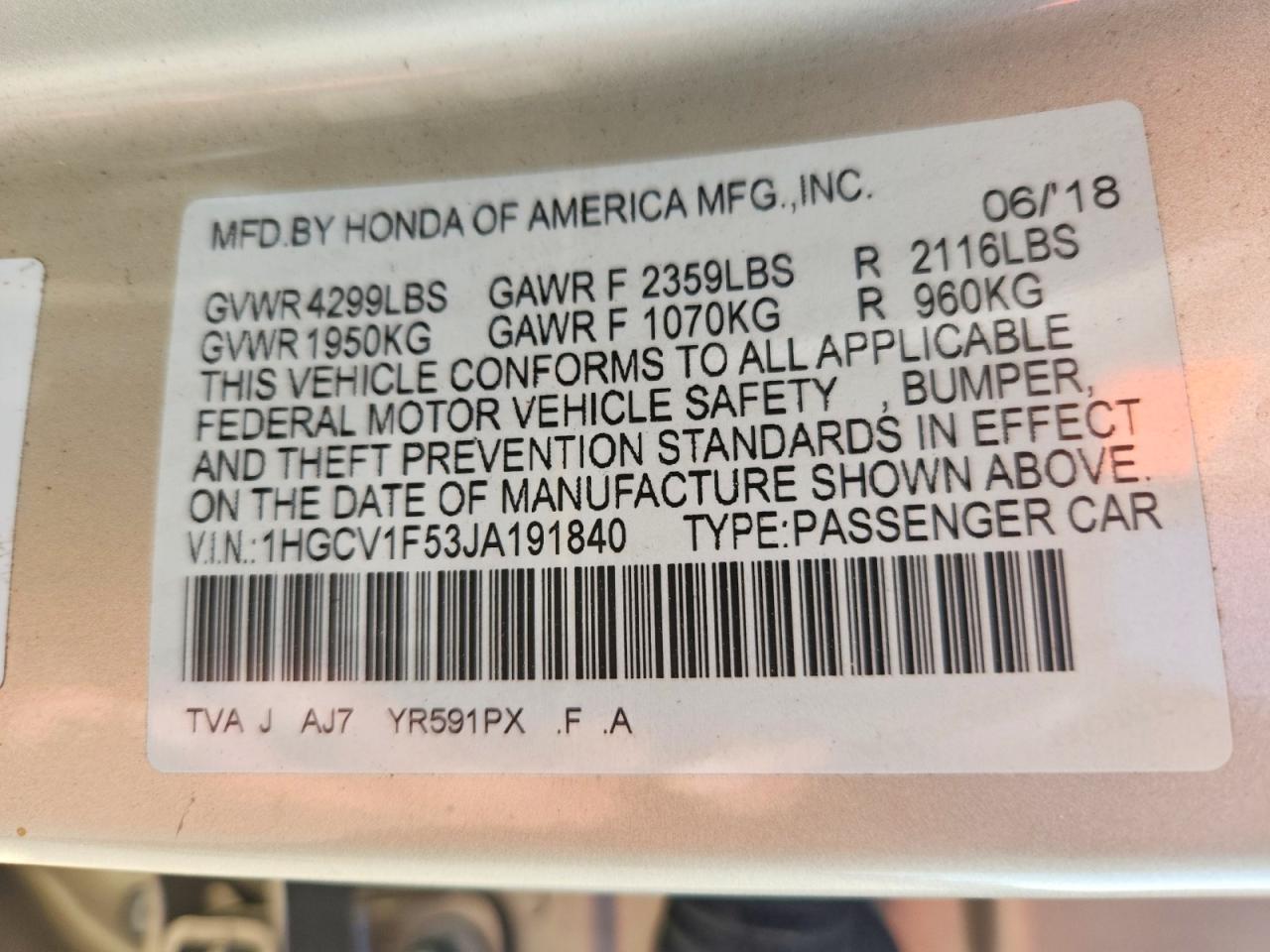 2018 HONDA ACCORD EXL photo 34