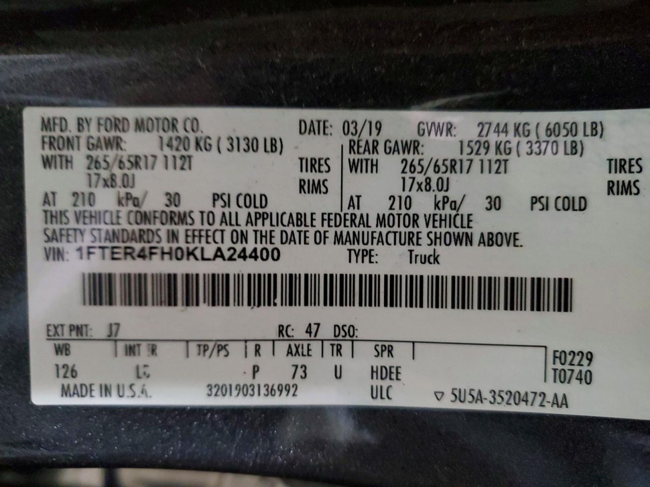 2019 FORD RANGER XL photo 12