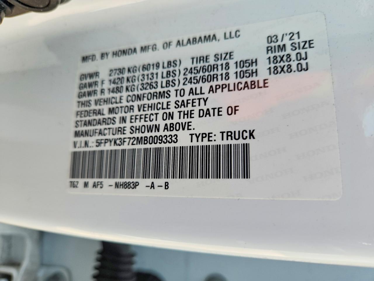 2021 HONDA RIDGELINE RTL photo 34