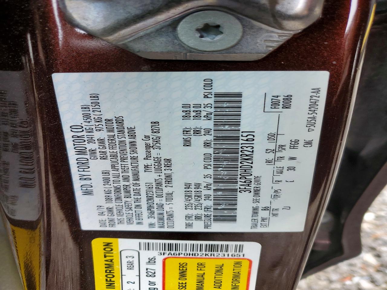2019 FORD FUSION SE photo 34
