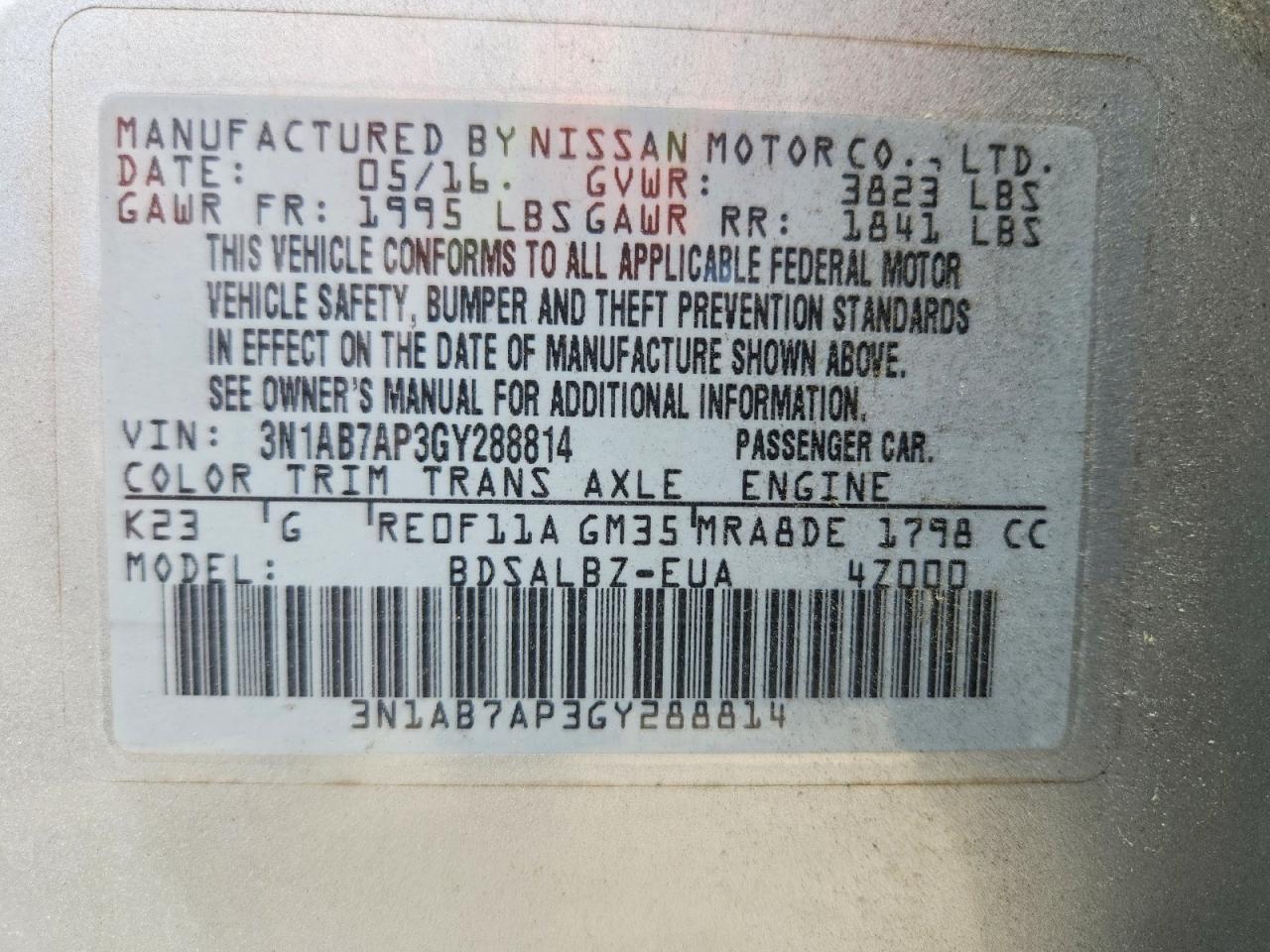 2016 NISSAN SENTRA S photo 37