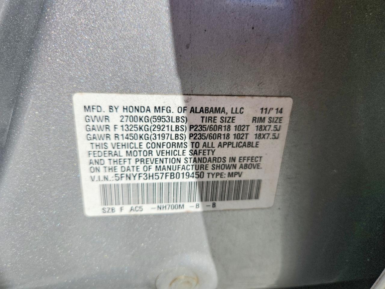 2015 HONDA PILOT EXL photo 37