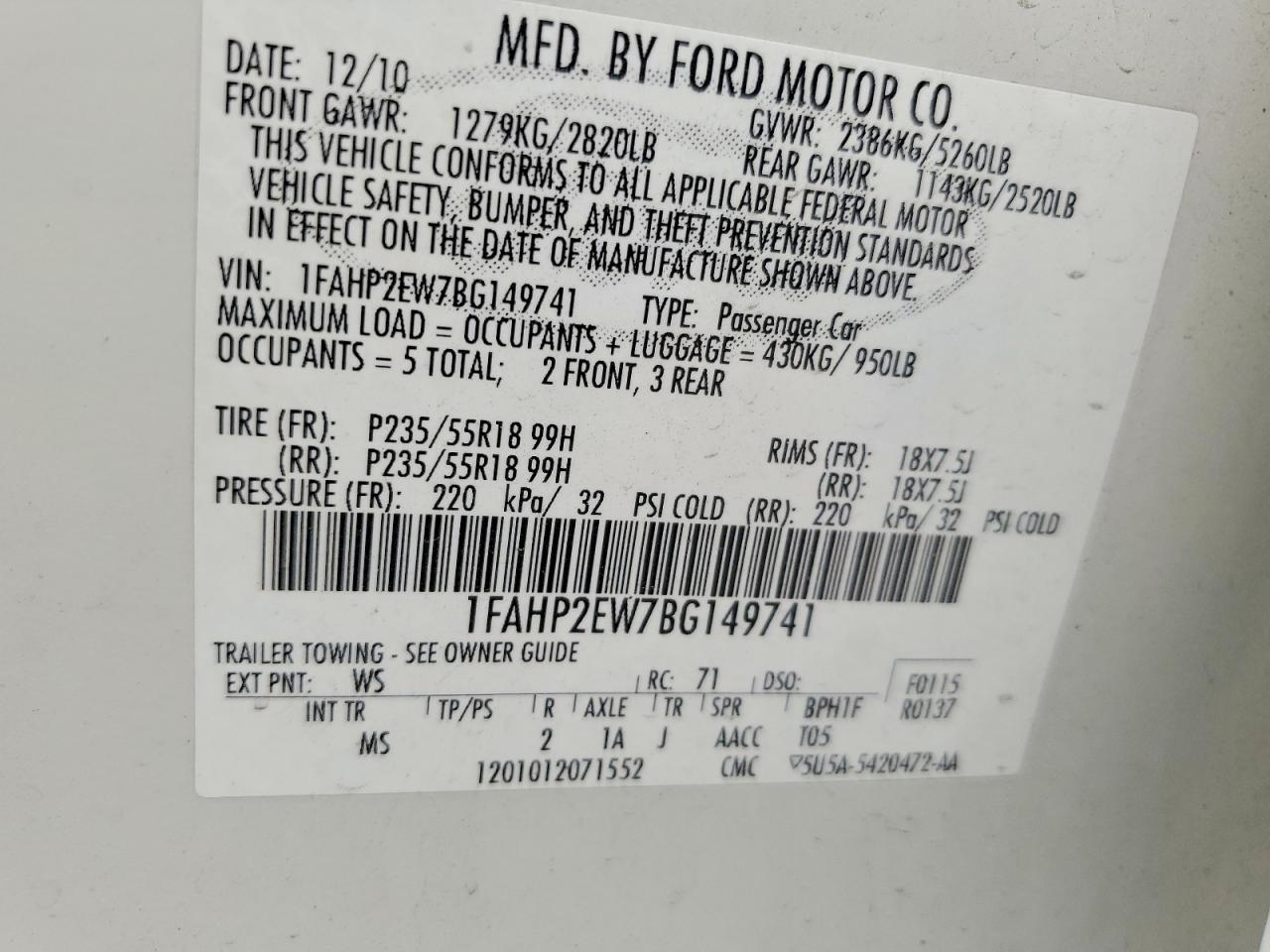 2011 FORD TAURUS SEL photo 23