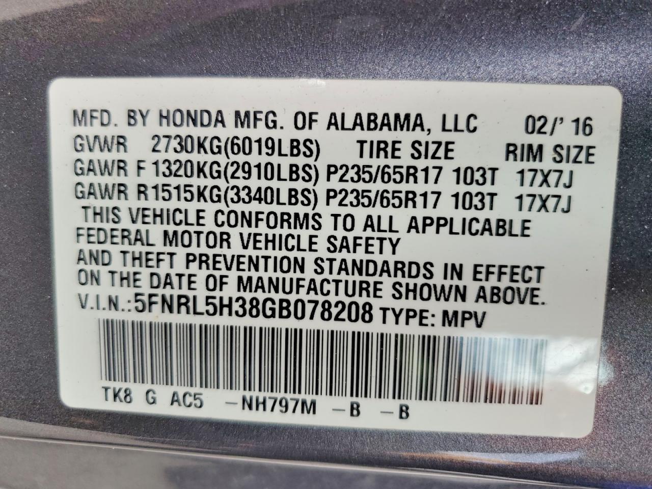 2016 HONDA ODYSSEY SE photo 25