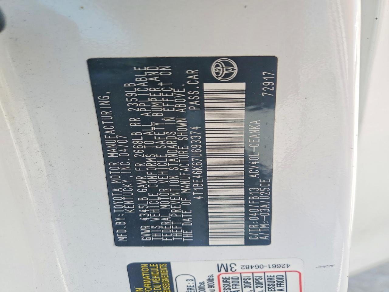 2007 TOYOTA CAMRY LE photo 12