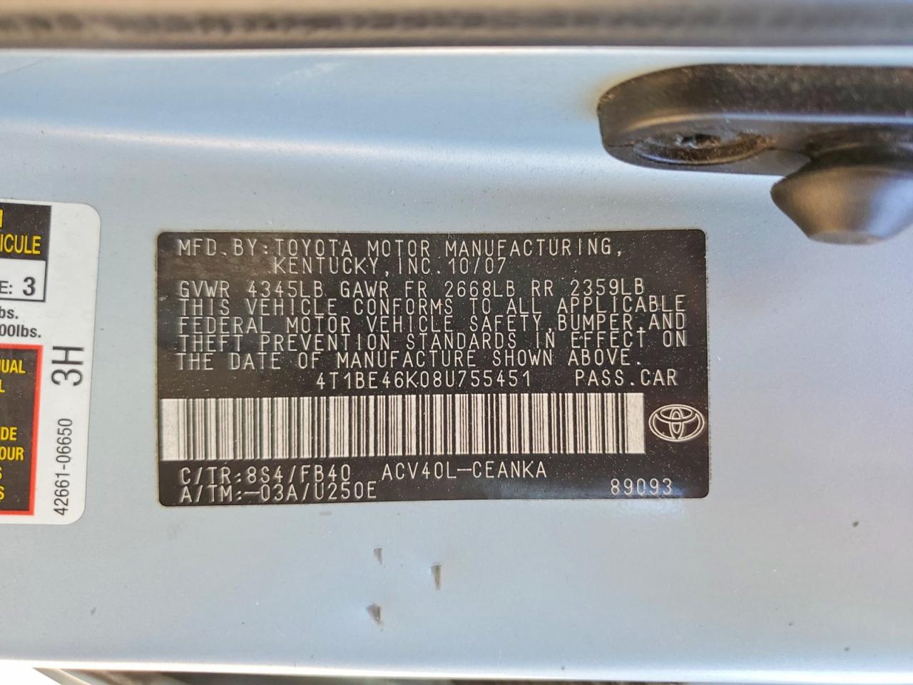 2008 TOYOTA CAMRY LE photo 12
