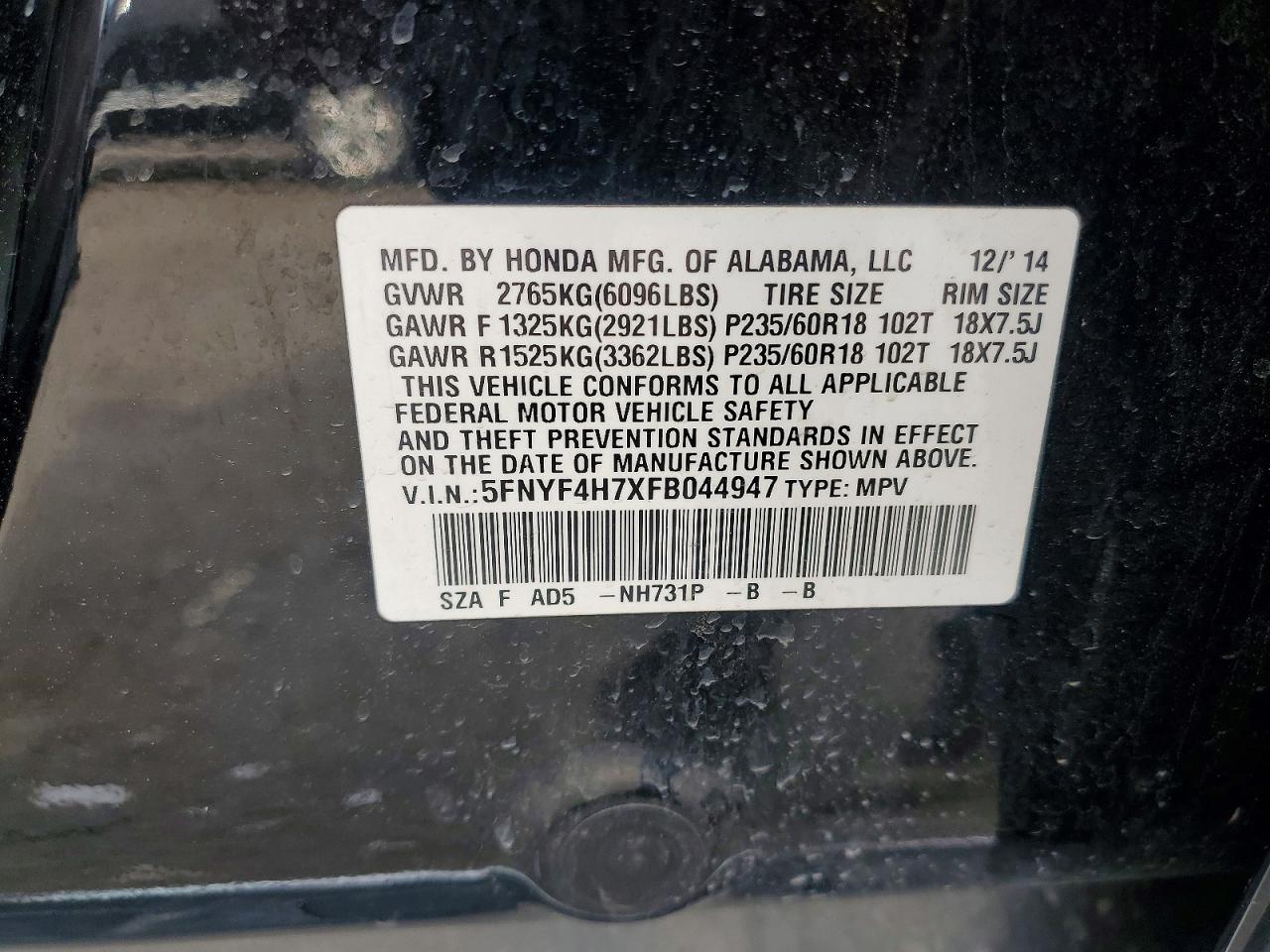 2015 HONDA PILOT EXLN photo 13