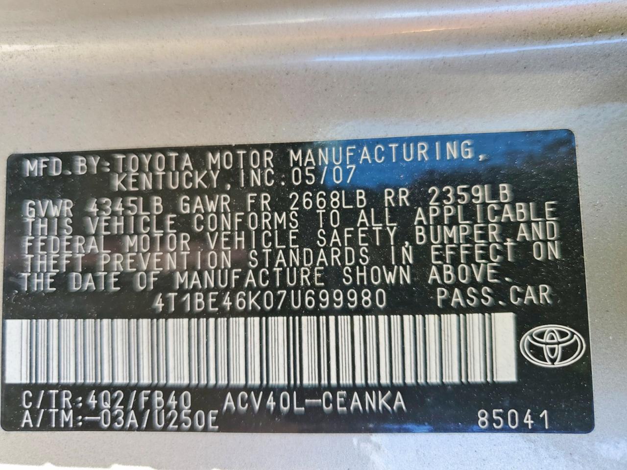 2007 TOYOTA CAMRY LE photo 34