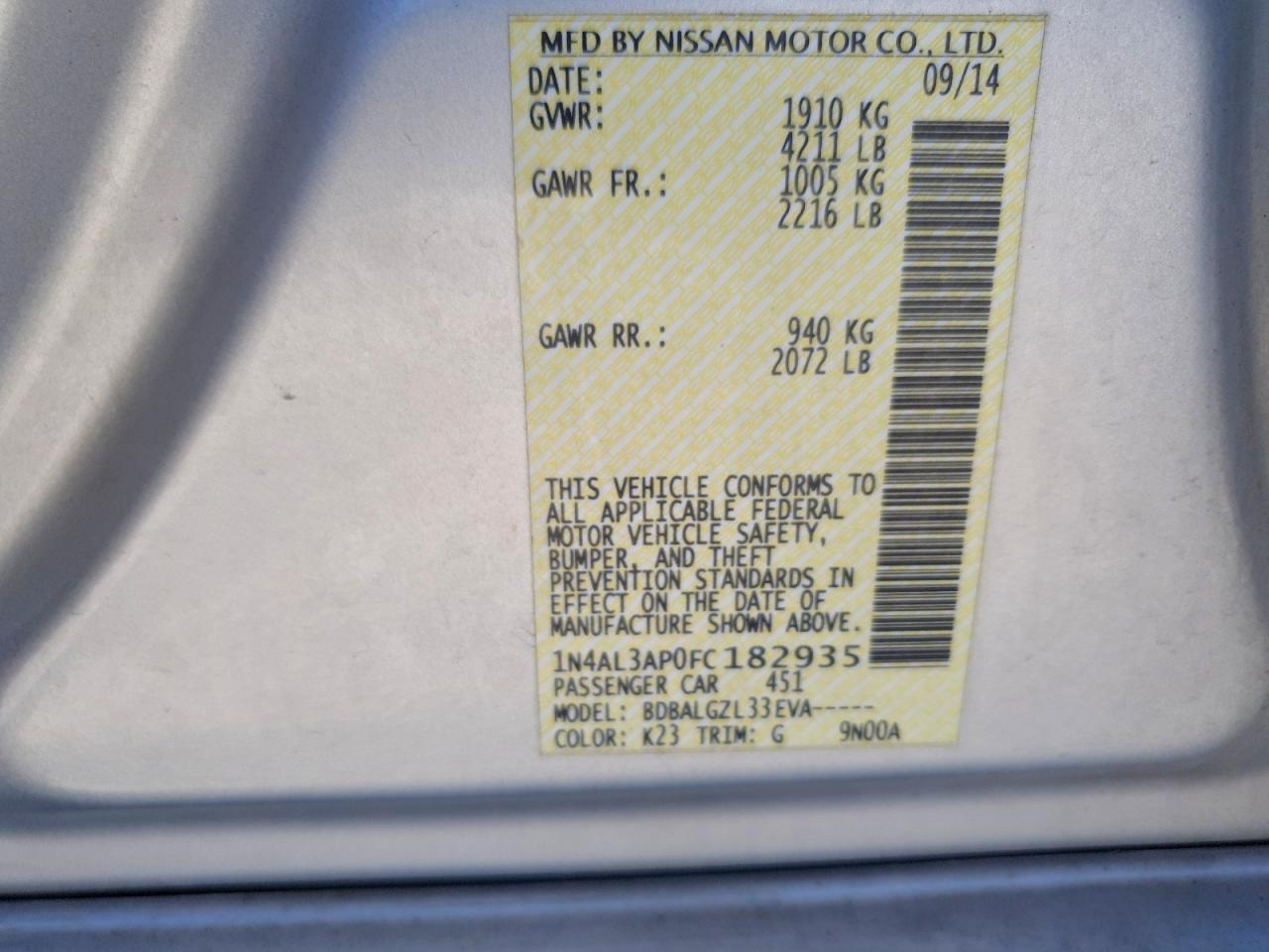 2015 NISSAN ALTIMA 2.5 S photo 37