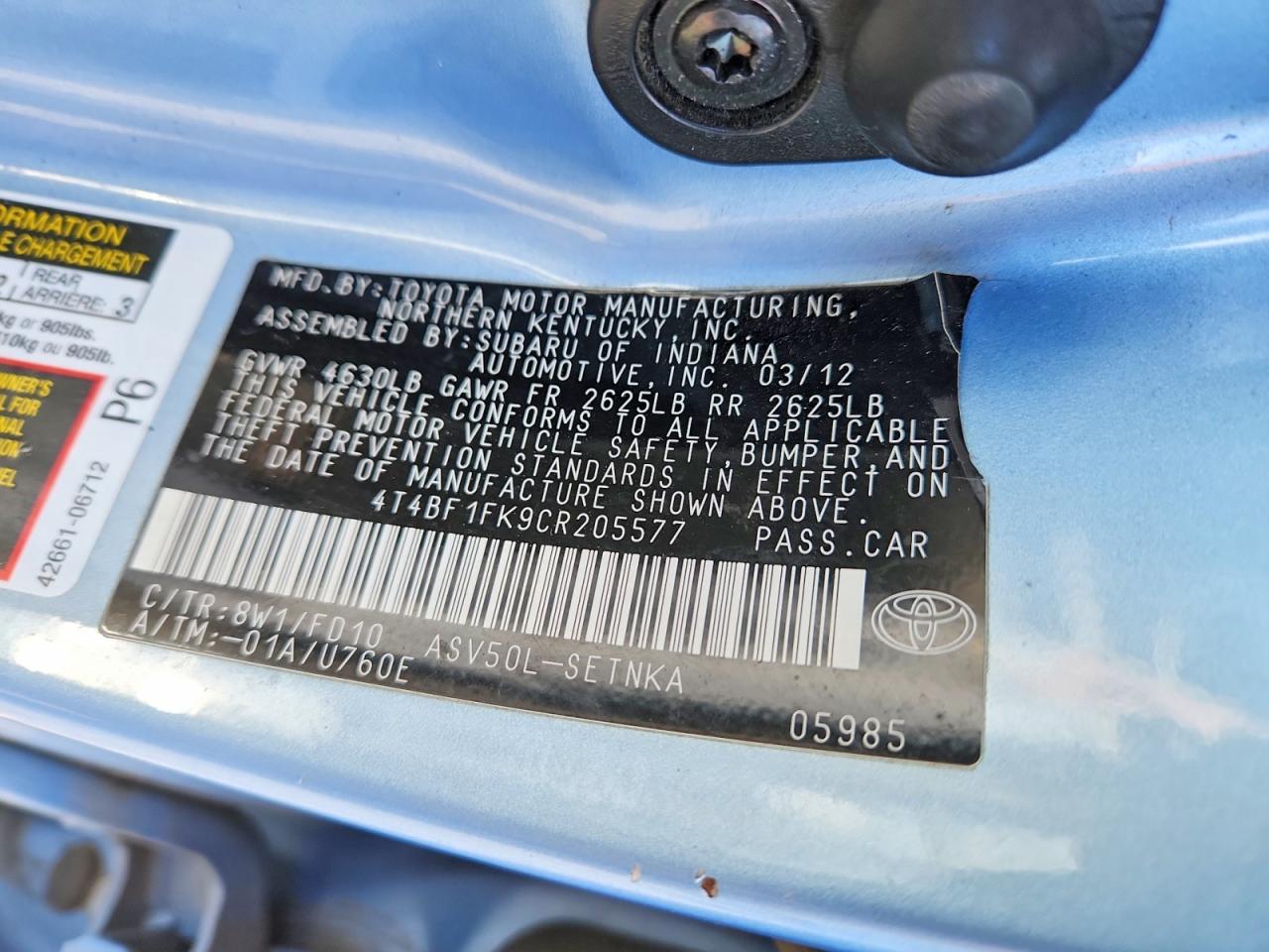 2012 TOYOTA CAMRY LE photo 12