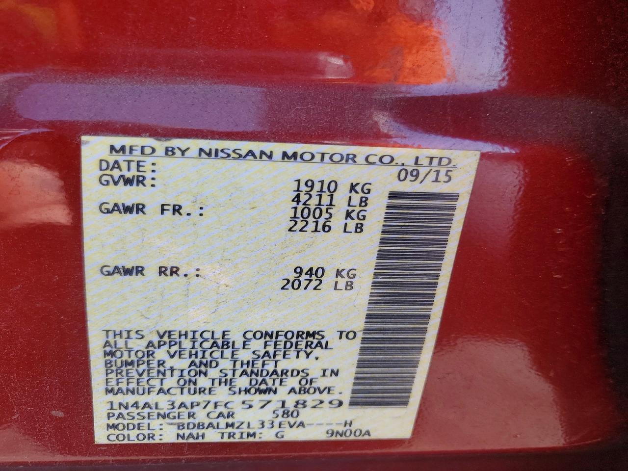 2015 NISSAN ALTIMA 2.5 SV photo 12