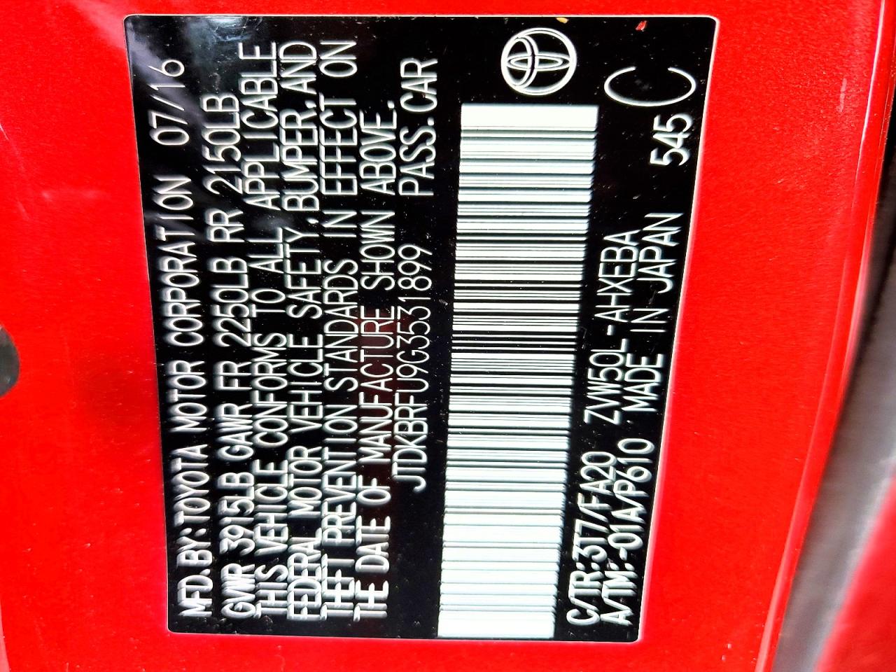 2016 TOYOTA PRIUS TWO photo 25