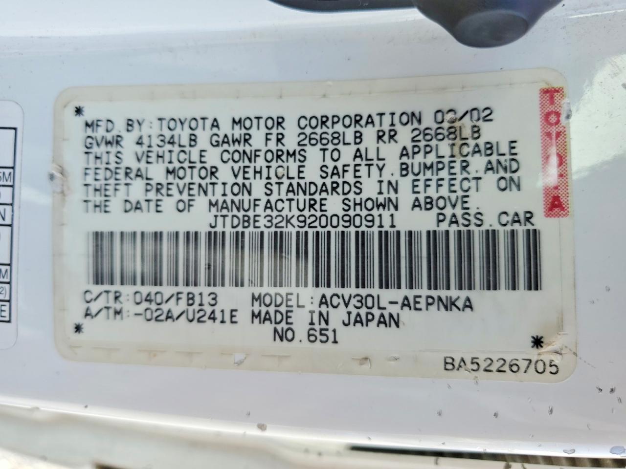 2002 TOYOTA CAMRY LE photo 34