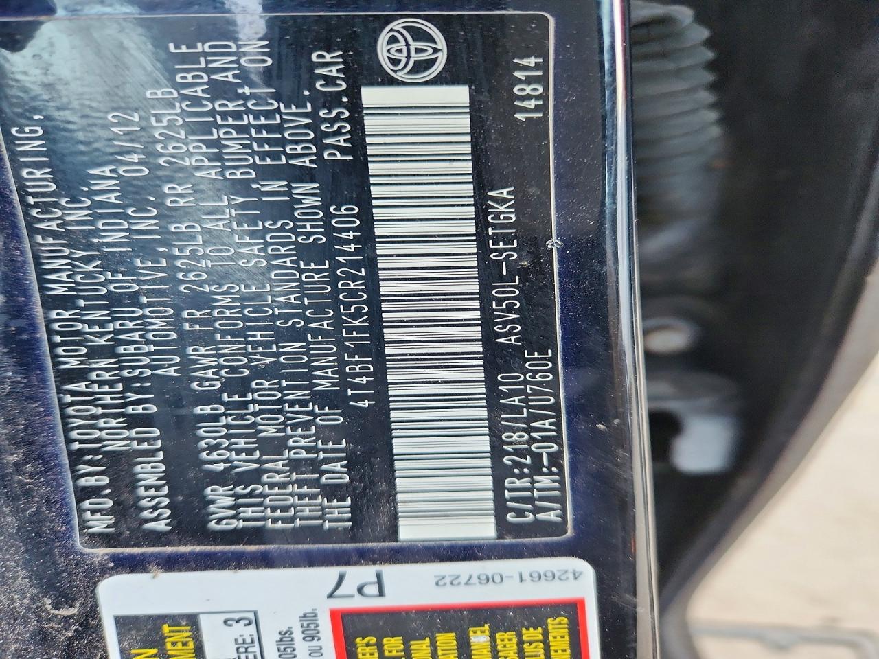 2012 TOYOTA CAMRY XLE photo 13
