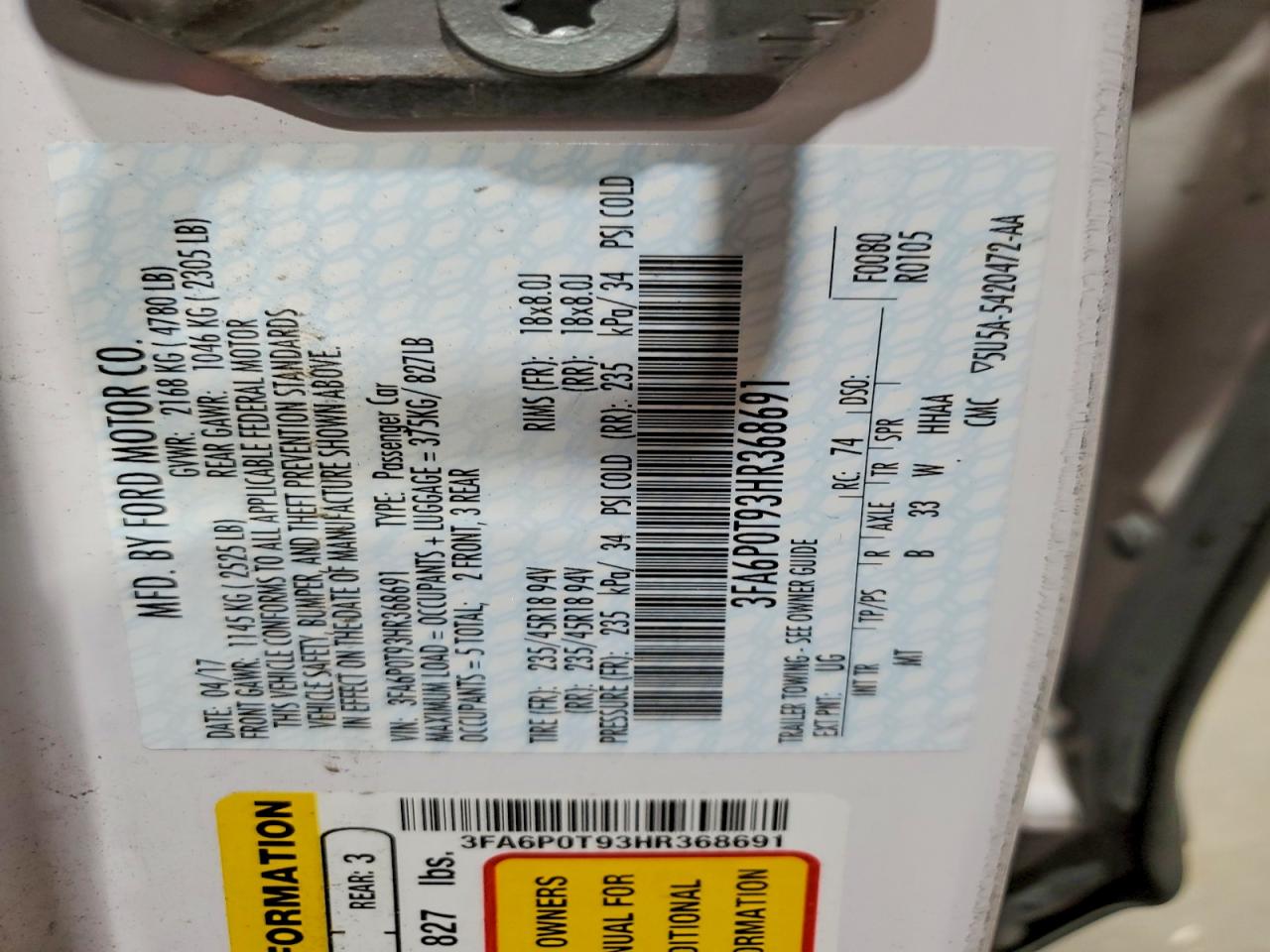 2017 FORD FUSION SE photo 12