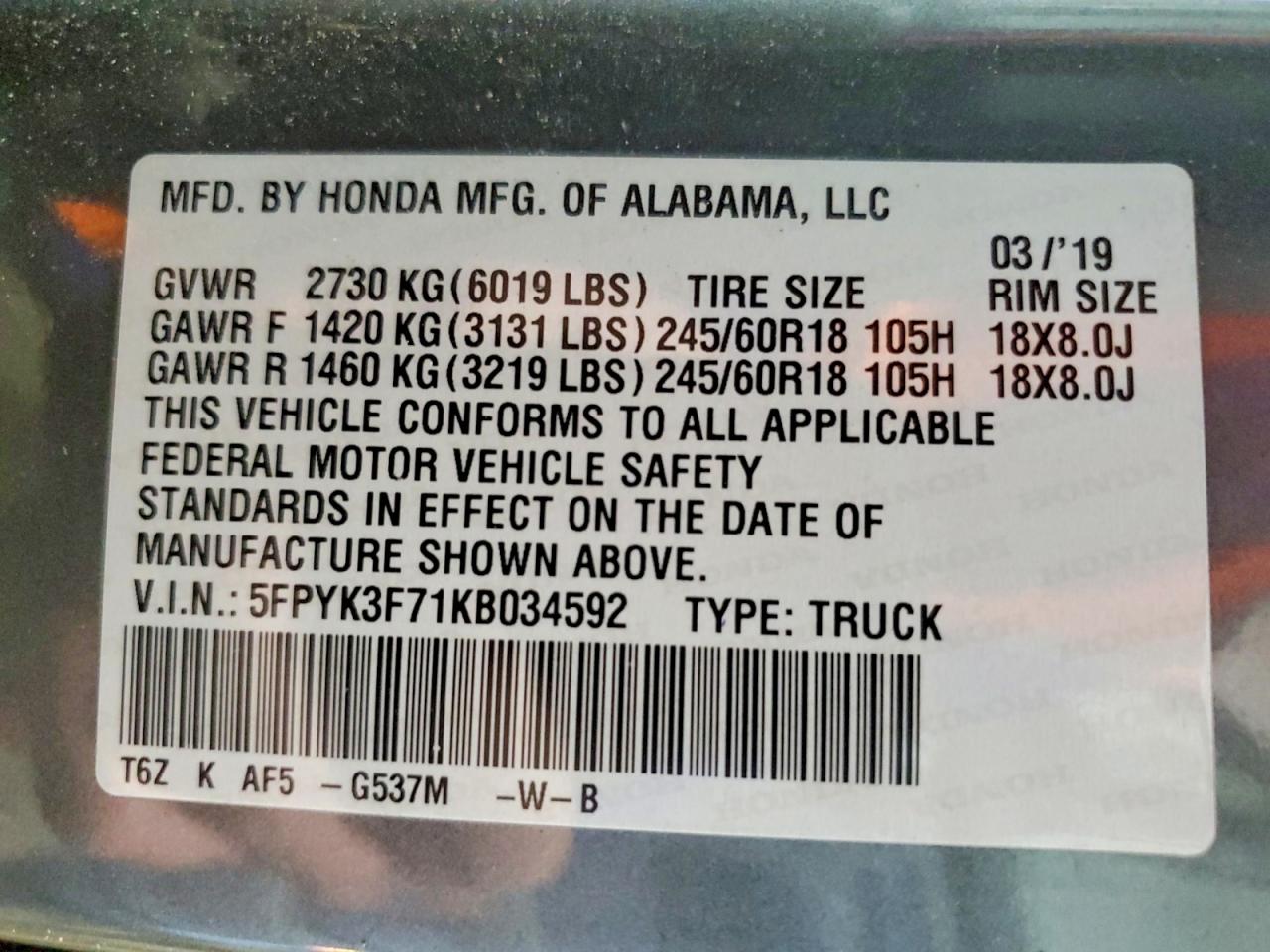 2019 HONDA RIDGELINE RTL photo 23