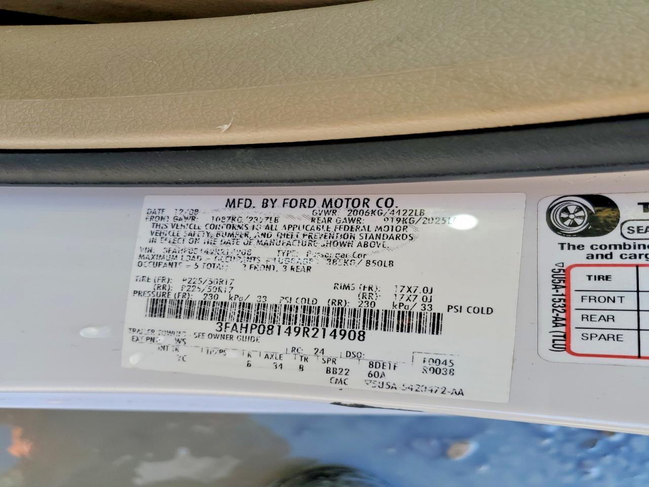 2009 FORD FUSION SEL photo 12