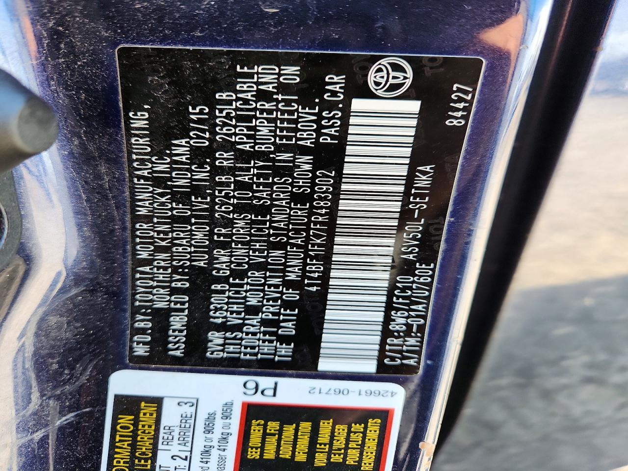 2015 TOYOTA CAMRY LE photo 12