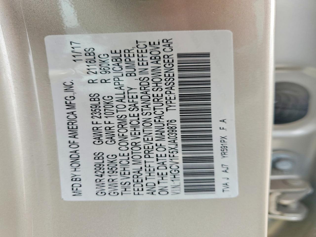 2018 HONDA ACCORD EXL photo 34