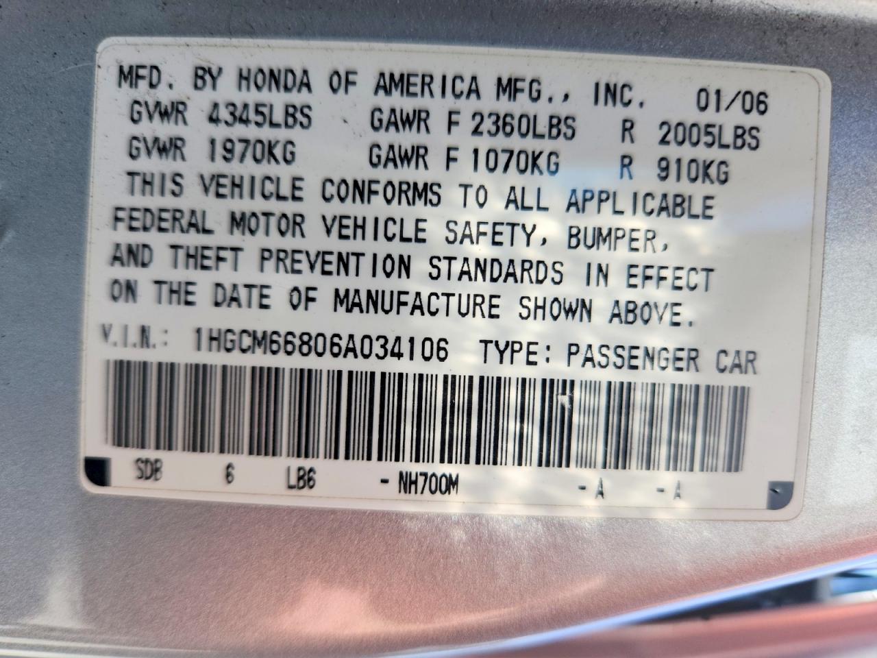 2006 HONDA ACCORD EX photo 34