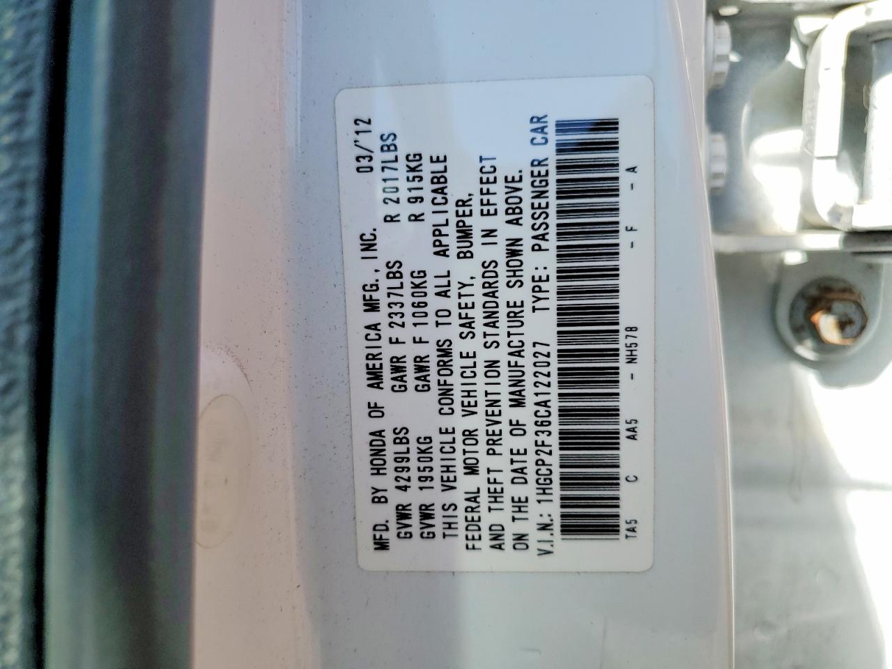 2012 HONDA ACCORD LX photo 23