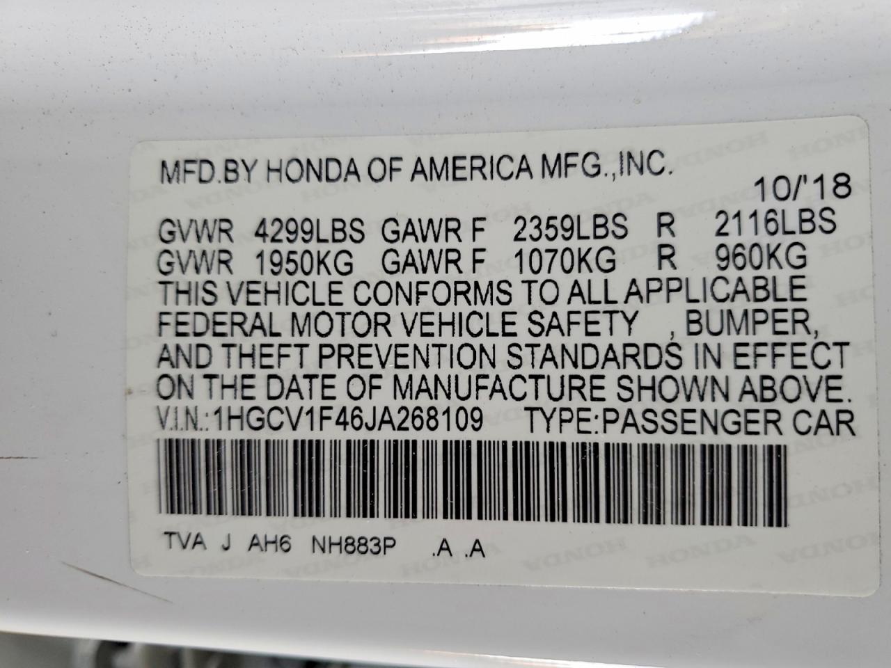 2018 HONDA ACCORD EX photo 12