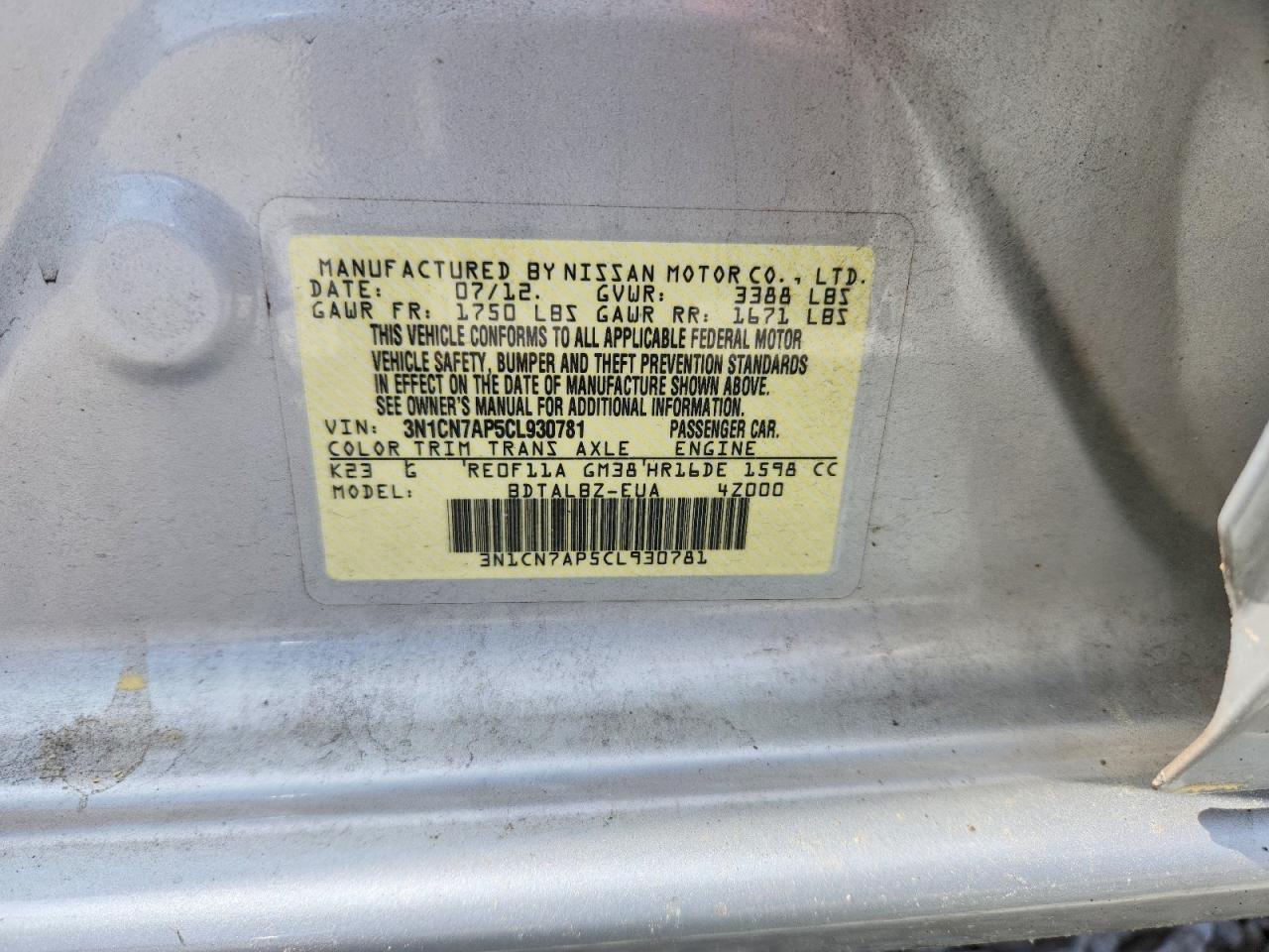2012 NISSAN VERSA 1.6 S photo 23