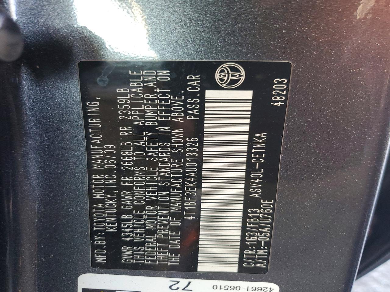 2010 TOYOTA CAMRY LE photo 12