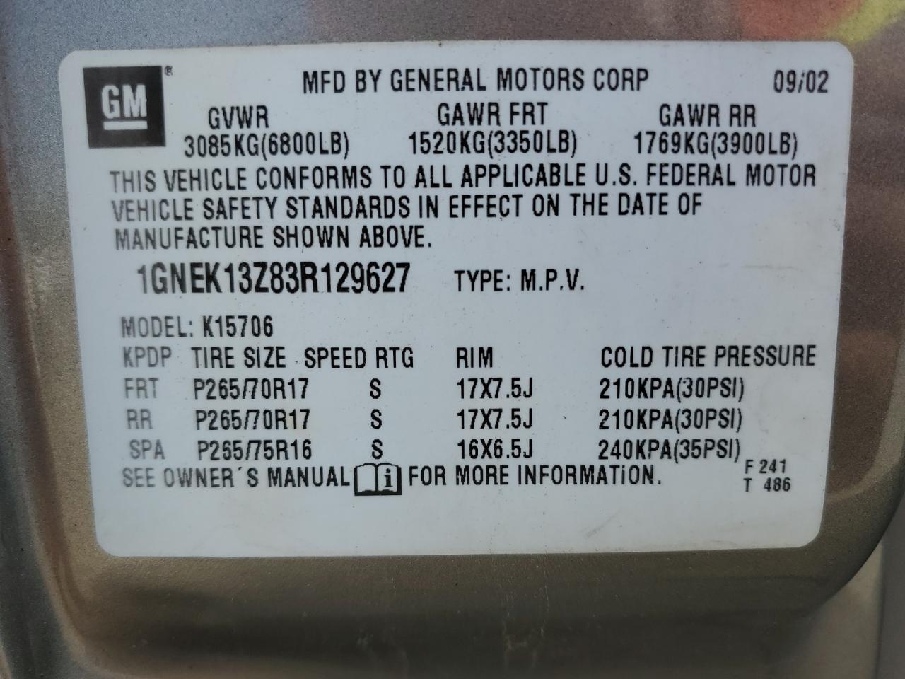 2003 CHEVROLET TAHOE K1500 photo 13