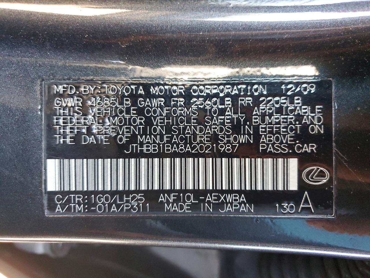 2010 LEXUS HS 250H photo 34