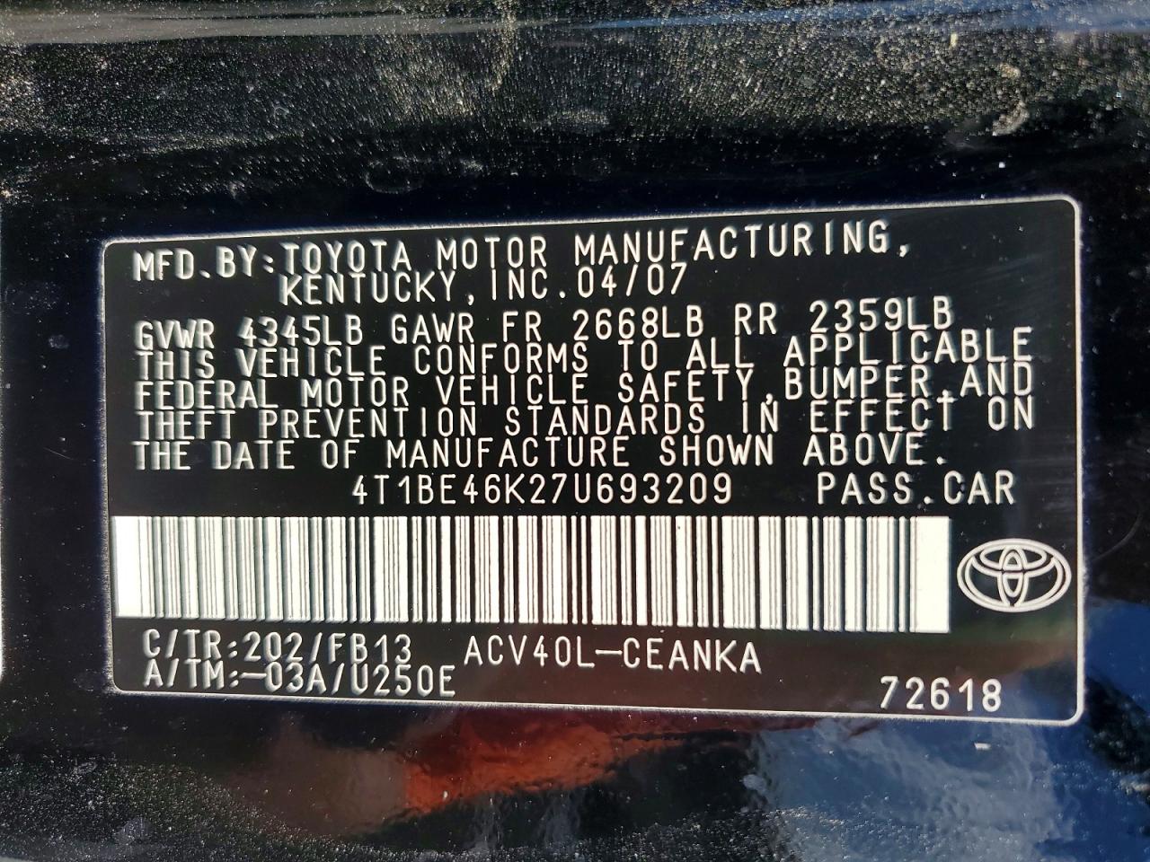 2007 TOYOTA CAMRY LE photo 23