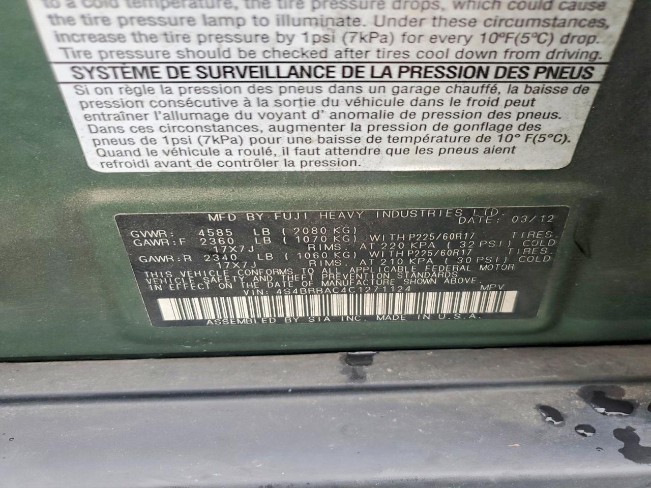 2012 SUBARU OUTBACK 2.5I photo 25