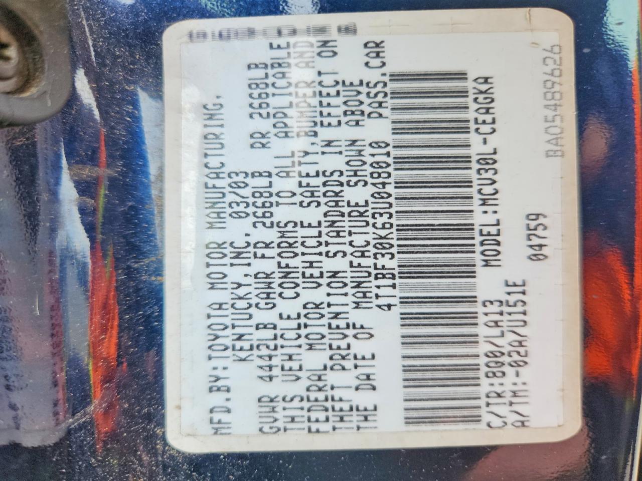 2003 TOYOTA CAMRY XLE V6 photo 34