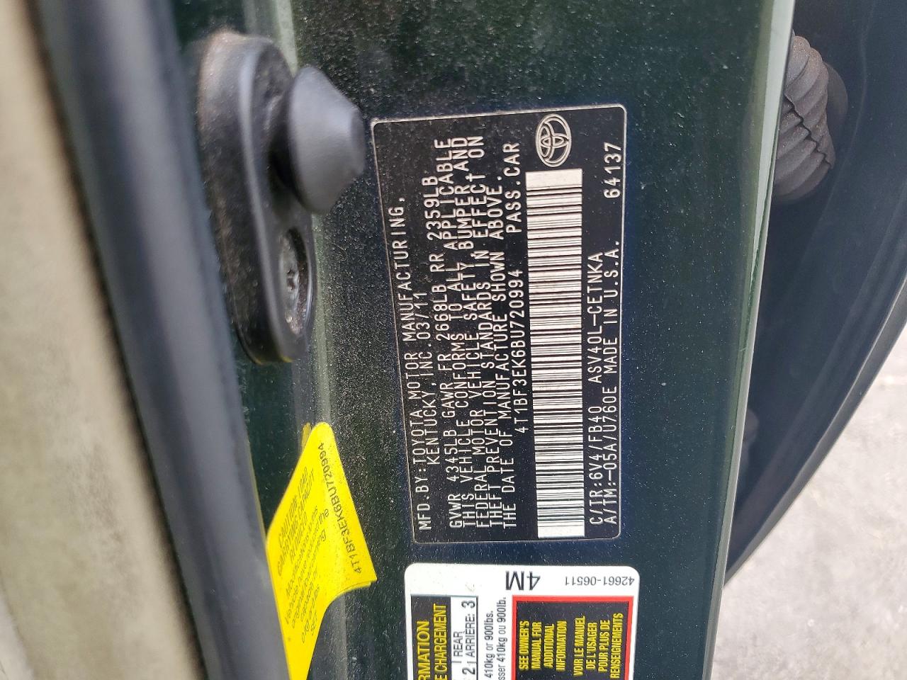 2011 TOYOTA CAMRY LE photo 34