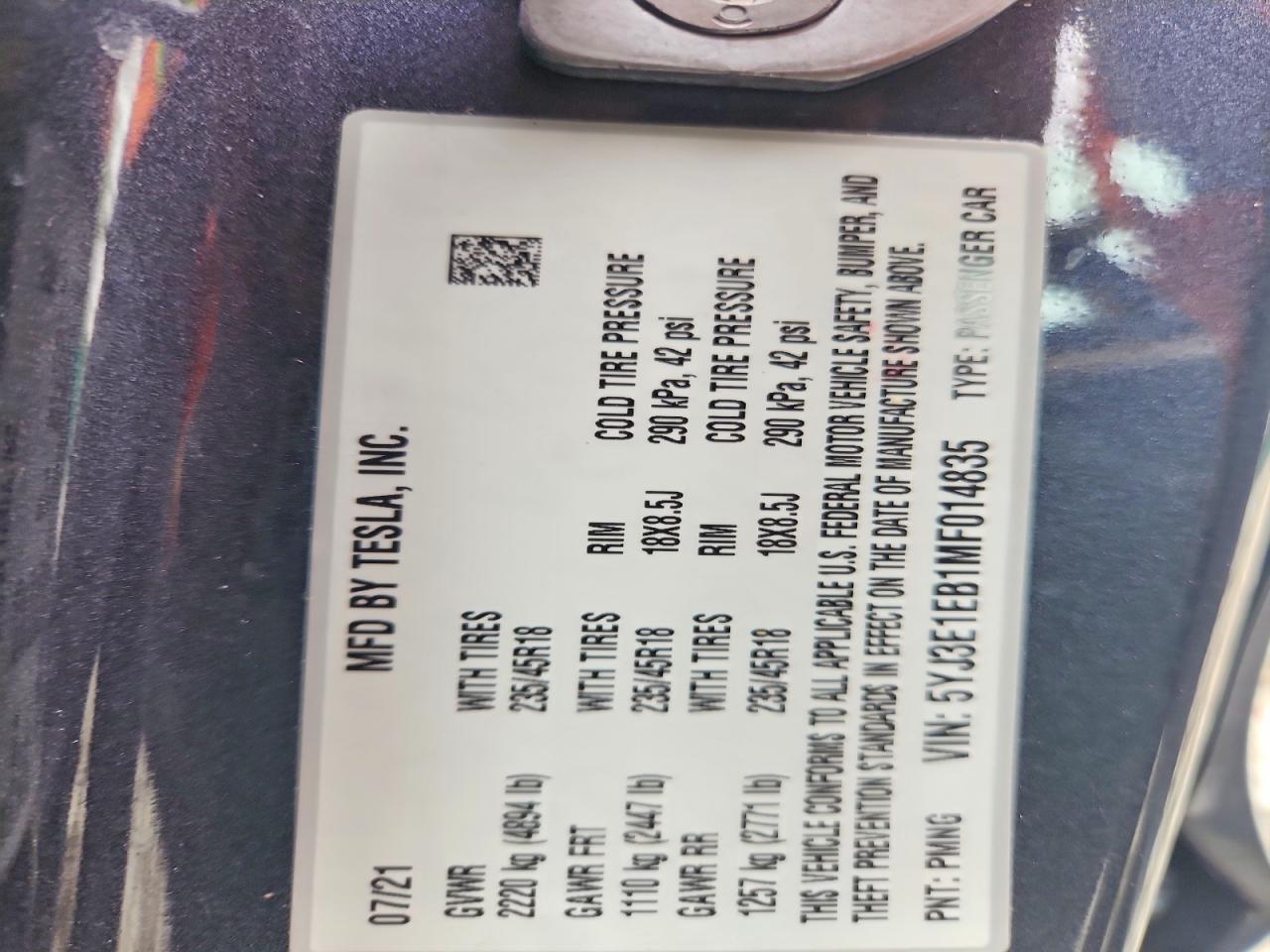 2021 TESLA MODEL 3 photo 34