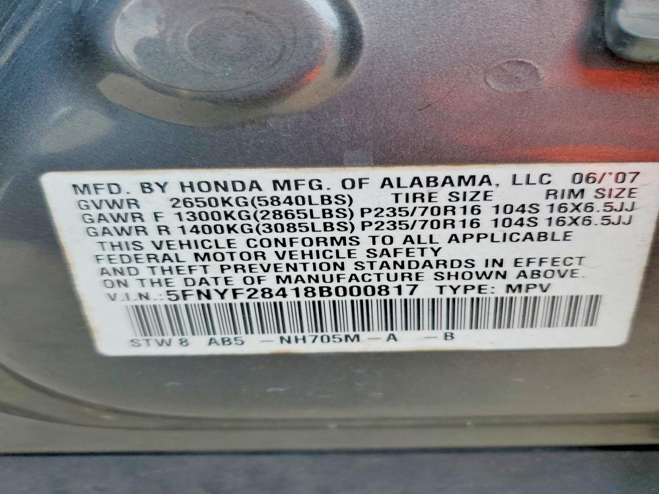 2008 HONDA PILOT EX photo 13